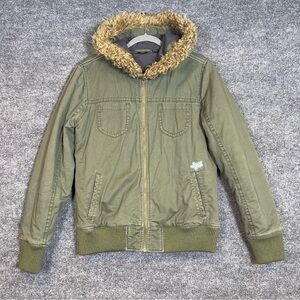 Fox Y2K Olive Green Bomber Jacket with Faux Fur Hood